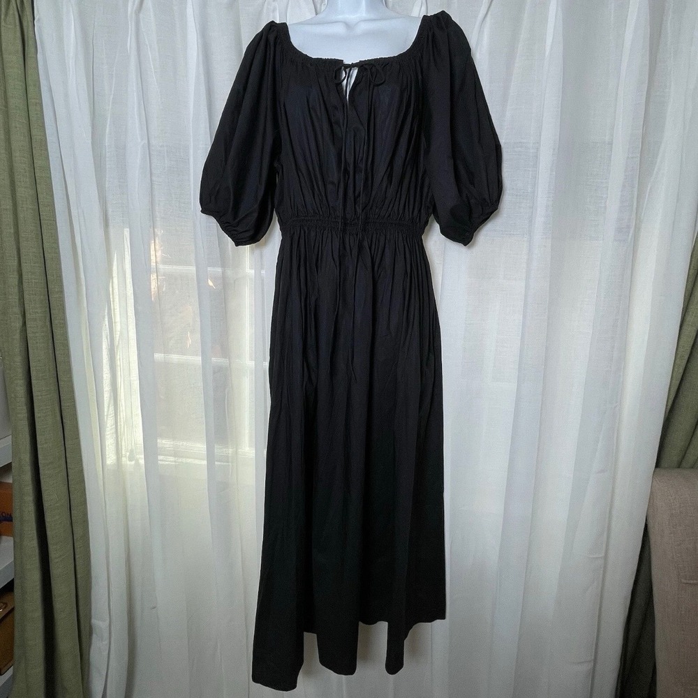 Matteau Off The Shoulder Midi Dress Womens 10 (L) Puff Sleeve Cotton Black Solid
